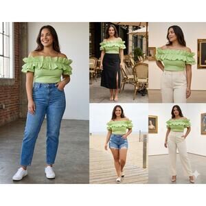 Zara Womens Ruffle Off the Shoulder Crop top, Green Ribbed Stretch Brat Sz-L